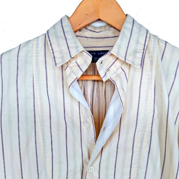 RALPH LAUREN Blue Label Vintage Peasant Poet Bib Blouse Cream Purple Stripe 10 - Picture 5 of 13